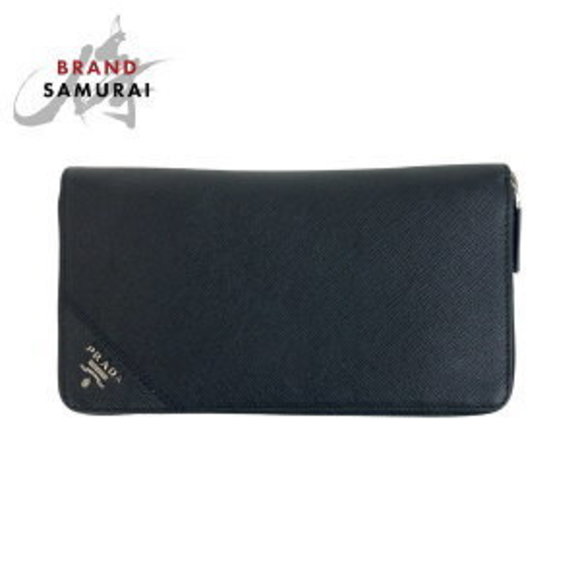 Prada black leather long triangle Saffiano Wallet zip - Picture 1 of 9